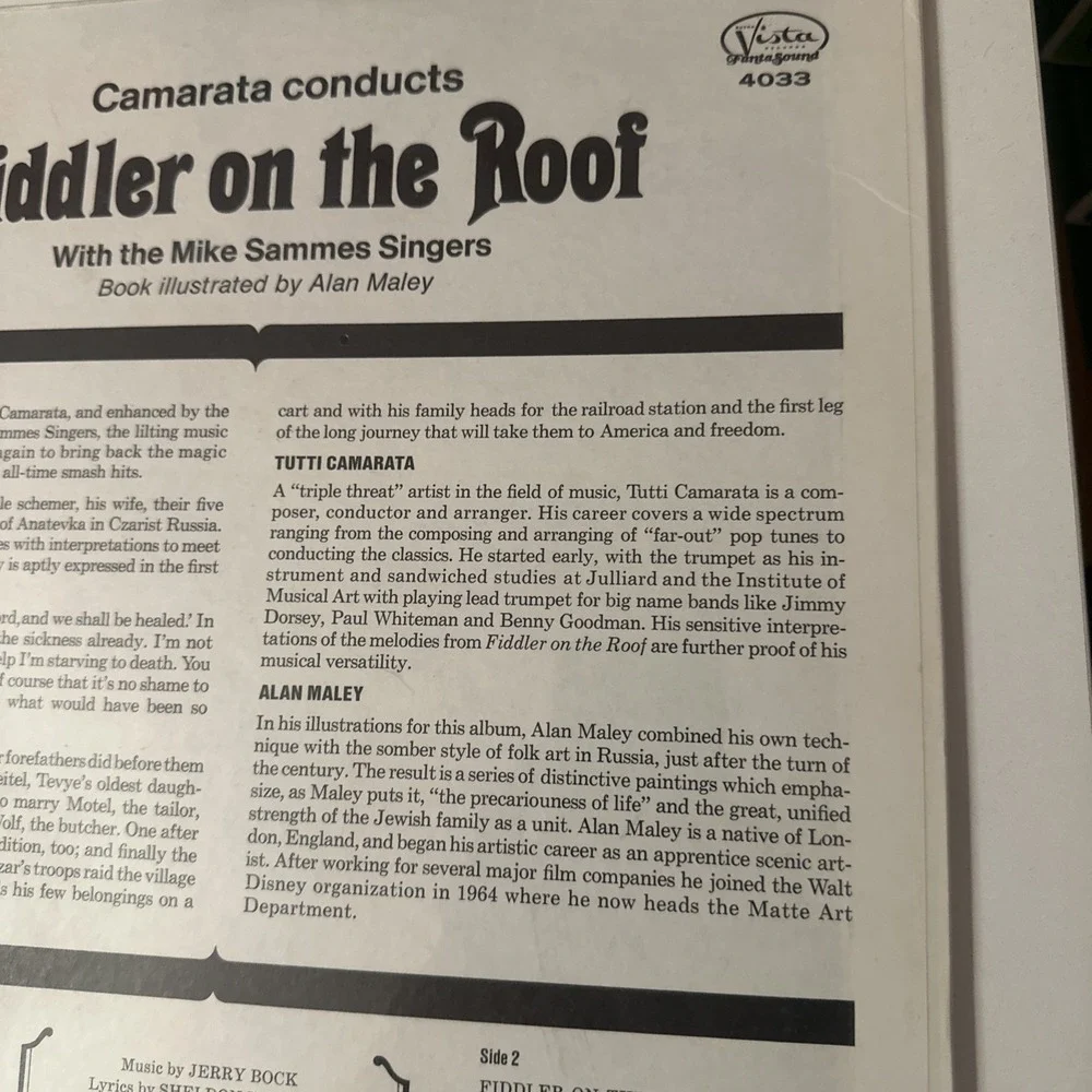 Disney- Camarata Conducts Fiddler On The Roof 1968 Buena Vista Vinyl LP record - Picture 10 of 16